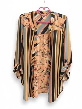 Fig & Flower XL Mixed Print Button Down Blouse Floral Stripe Boho Top